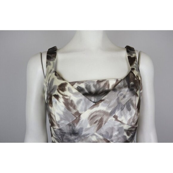 GRAY IVORY BEIGE PRINT SATIN RUFFLE LAYER SHEATH DRESS - LONDON TIMES - SIZE 6P - Picture 3 of 6